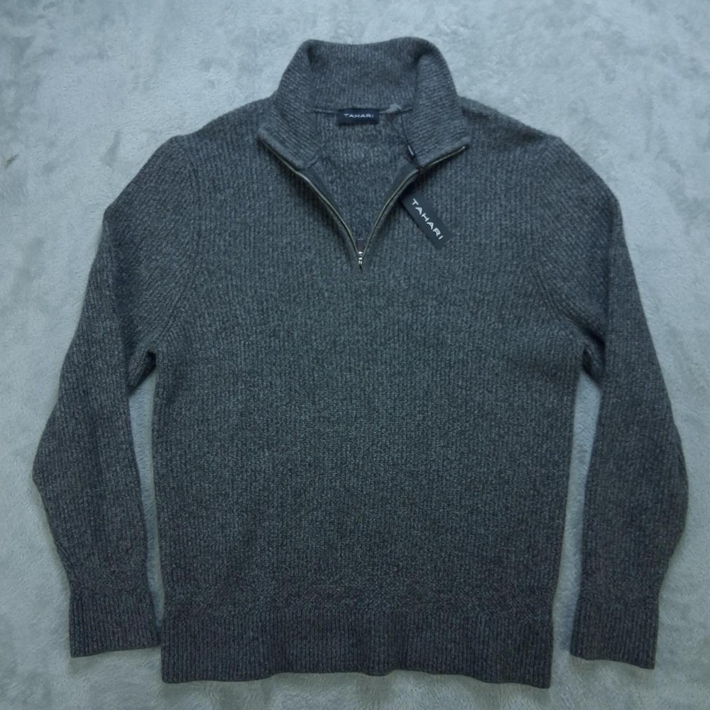 Tahari Womens Quarter Zip Sweater Large Gray Marled Knit Pullover H406415M NWT